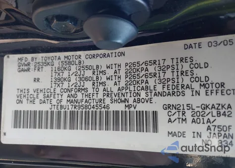 2005 Toyota 4Runner Limited V6 z USA, uszkodzony, nr VIN JTEBU17R958045546